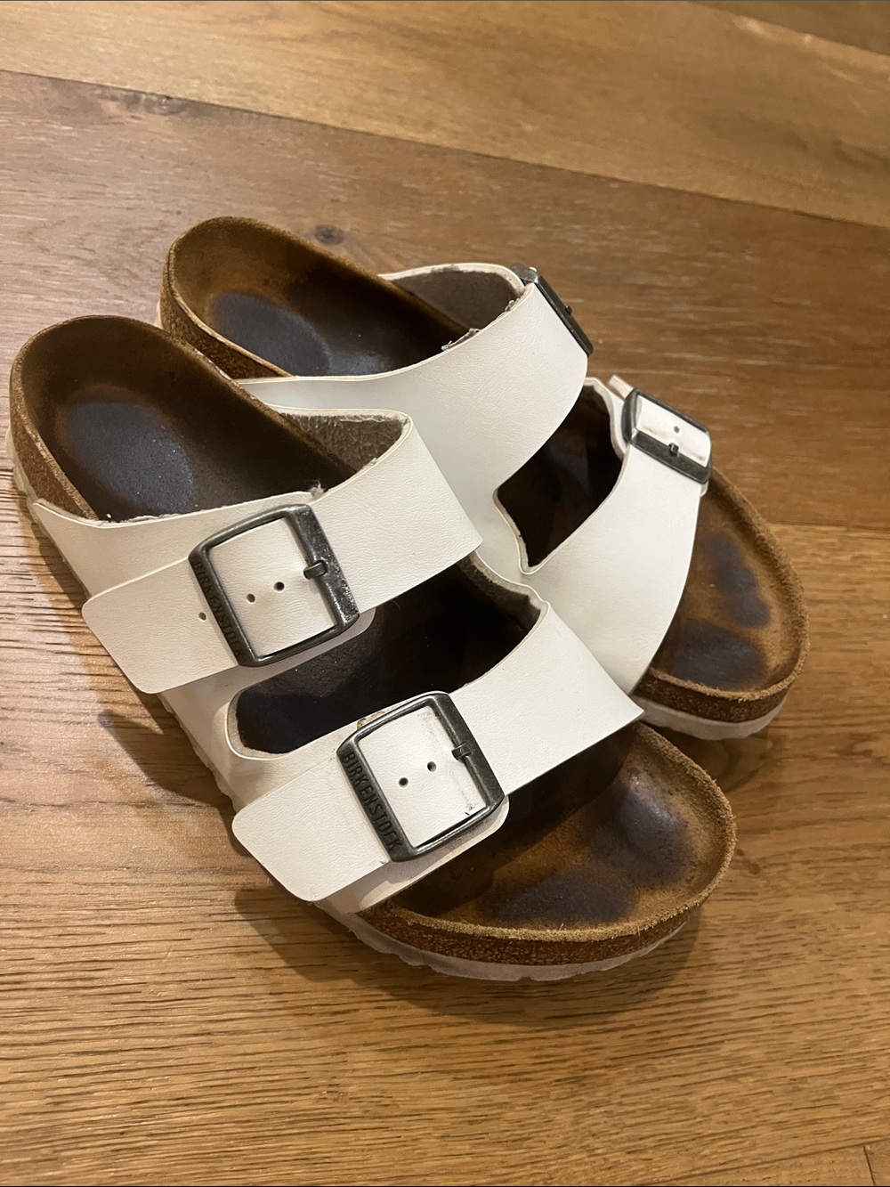 Womens White Double-Buckle Birkenstock Slide Sandals